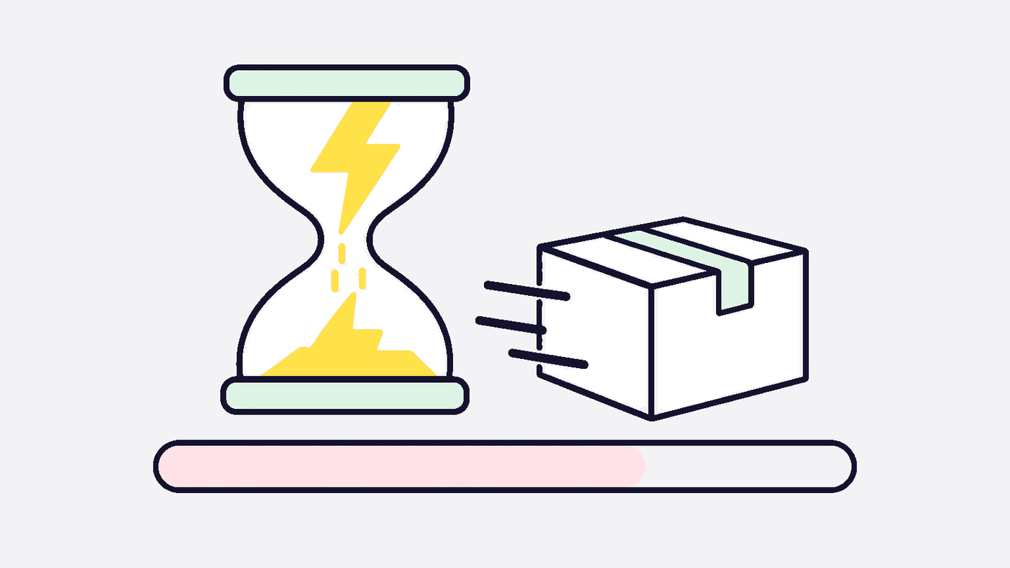 Hourglass with lightning-bolt sand beside a fast-moving box above a mostly filled pink progress bar.
