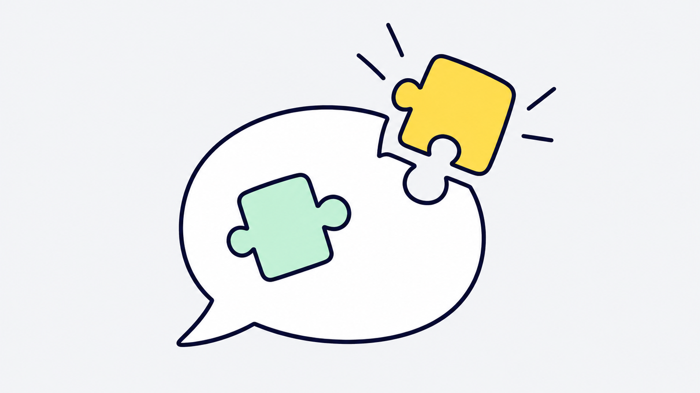 Flat drawing of a yellow puzzle piece snapping into the edge of a white speech bubble.