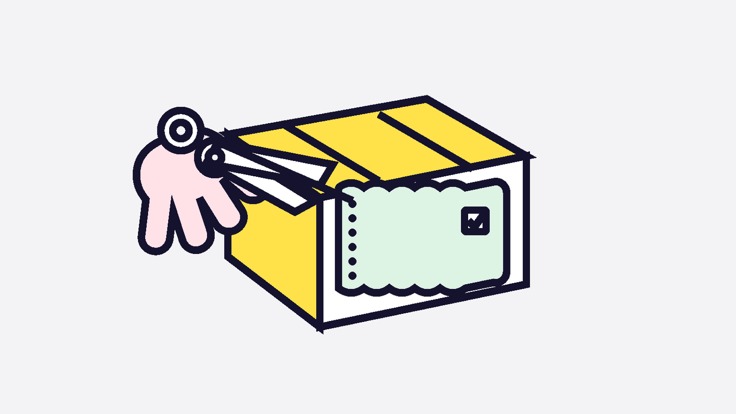 Hand with scissors cutting a blank checked coupon from a plain shipping box.
