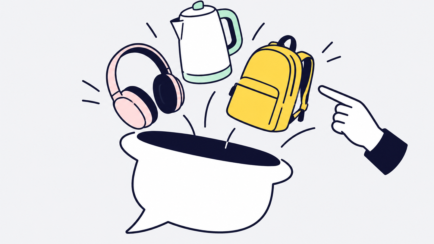 Flat drawing of products rising from a tilted speech bubble as a hand points.